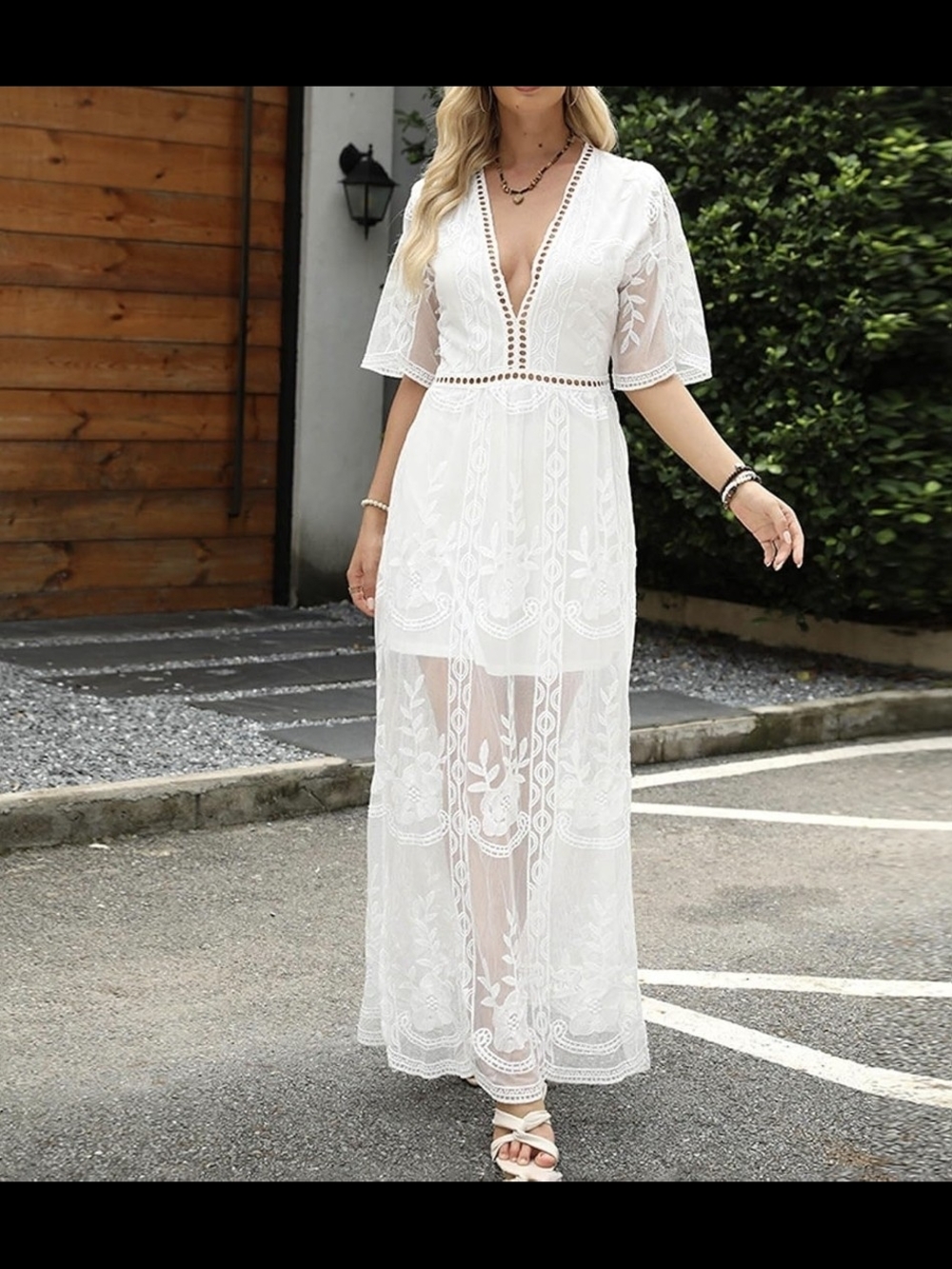 Boho White Lace V-Neck  Maxi And Jumpsuit Dress with Sheer Embroidery